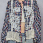 POL  Plaid Peace Patchwork Lace Button-Up Shirt Blue Boho Cottagecore Small Photo 0