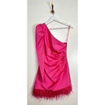 Mac Duggal Feather Trim One-Shoulder Long Sleeve Minidress Candy Pink Size US 4 Photo 2