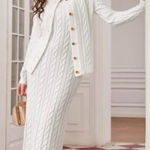 #317 SWEATER SET White Cable Knit Cardigan and Dress Set Size XL Photo 0