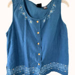 Erika Dusty Blue Linen Embroidered Sleeveless Shell Tank Top Size L Cottagecore Photo 0