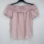 Tommy Hilfiger Pink White Striped Linen Blend Off Shoulder Ruffle Trim Top XS Photo 2