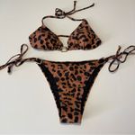 Women's 2 Piece Bikini Set Leopard Cheetah Print Halter Tie Triangle Top Black Size M Photo 1