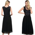 Verty Black Chiffon Dress Illusion Mesh Neck Embellished Sequins Midi Silhouette Photo 1