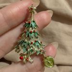 Vintage Christmas Tree Brooch w/ Virgin Mary Dangle Charm Gold Tone Green Enamel Photo 1