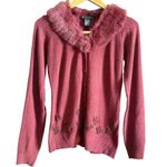 BETTE SUNG | Burgundy Wool Blend Real Fur Collar Beaded Cardigan sweater | Small Red Photo 0