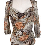 Vintage 90s Y2K Nicola Blouse Size Medium Mixed Animal Print Floral Mesh Stretch Tan Photo 0