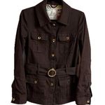 Milly New York Short Trench Coat Brown Belted Gold Button Closure Size 6 Solid Photo 0