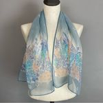 Vintage Scarf Blue Sheer Floral‎ Blue Peach Long Chiffon Delicate Garden White Photo 4
