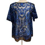 Karen Kane  Size L Mesh Floral Embroidered Blouse Top Black Blue Sheer Whimsygoth Photo 1