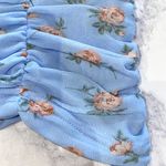 ZARA New  Floral Print Tulle Top Ruched V Neck Elbow Sleeve Shirt Blue Photo 12