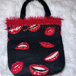 Lips Kissy Face Mouth Y2K Mini Tote/Purse 90s Fringe Rhinestone & Feather Detail Red Photo 3