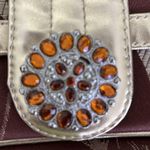 Newport News  Ladies Purse Embroidered Brown Gold Rhinestone Pendant on Snap Photo 1