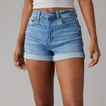 American Eagle Stretch Denim Mom Short Rolled Up High Rise Relaxed Sz 4 Photo 0