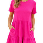 Gap  Hot Pink Cotton Short Sleeve Tiered Dress with Pockets – Women’s L Photo 0