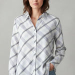 Loft Plaid Button-Down Shirt White Blue Classic Casual Business office - Size XL Photo 0