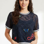 ZARA  Trafaluc navy blue lace woman’s top size medium Photo 0