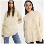 Mango MNG XL Wool Blend Oversized Knit Sweater w/ Pockets Cream Pullover Tunic Photo 1