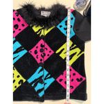 Vintage 80s Maximalist Patchwork Black Neon Beaded Faux Fur Cardigan Sweater M P Size M Photo 3