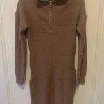 Brown Taupe Ribbed Knit Funnel Neck Sweater Dress Photo 0