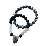 Pair of Black and White Stone and Heart Pendant Stretch Bracelets Photo 0