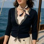 Anthropologie Womens Cardigans Size Large Monogram HWR Navy Nautical Ruffle Photo 0