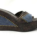 Stuart Weitzman denim and faux wood wedge slides, size 8.5/9 Photo 3