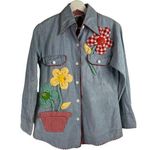 Vintage Size 10 70s Daisy Appliqué Chambray Shirt Embroidered 3D Flowers Button Blue Photo 0