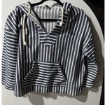 J.Crew  Striped‎ Hoodie Pullover Blue White Drawstring V Neck Pouch Pocket XL Photo 3
