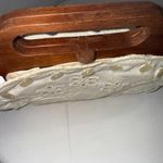 Vtg Bermuda Bag Purse Handbag Wooden Handles Pearl Buttons Embroidered Floral Photo 1