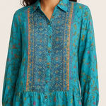 Lola P. Floral Button Down Top Long Sleeve Ruffle Hem‎ Bohemian Teal Size Medium Blue Photo 0
