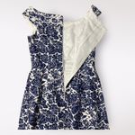 Carmen Marc Valvo  Blue Floral Beaded Boatneck Linen  Mini Dress‎ Size 8 Guest Photo 6