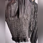 Elan  Black Shimmer Stripe Mock Neck Smocked Long Sleeve Blouse.  Size Large NWT Photo 5