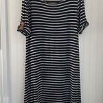 Dress Barn women’s black & gray striped midi dress w/ tab button sleeves size 14 Photo 0