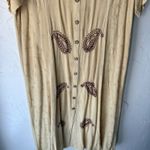 Vintage Embroidered Paisley Button Front‎ Dress Tan Beige Boho Midi L Size L Photo 2