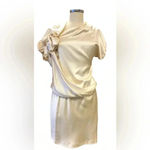 David Szeto black 100% silk dress asymmetric draped sleeve, floral shoulder; 42 Size 10 Photo 1