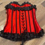 None Ruby Red Steel Bonded Satin Ribbon Overbust Ruffle Waist Trainer Corset … Photo 9