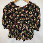ZARA  Black Floral Blouse S Womens Ruched Button Back Puff Half Sleeve Photo 3