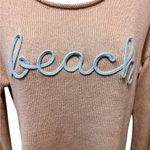 Summer Spell~Out BEACH Lightweight Sweater Sz M Beige LS Scoop Neck Athleisure Tan Size M Photo 1