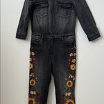 Free People Driftwood Farrah Denim Floral Embroidered Coveralls in Falling Sunflower Size: M Photo 6