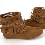 Minnetonka Western Double Fringe Suede Taupe Brown Side Zip Ankle Bootie Boot Photo 2
