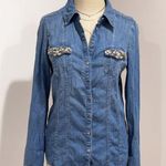 White House | Black Market WHBM Women's Blue Jeweled Denim Shirt Size 4 Photo 0
