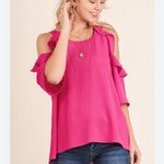 Umgee  Coral Pink Cold Shoulder Linen blend Blouse with Elegant Ruffle Details Photo 4