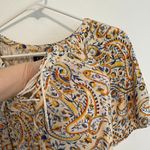 CHAPS  Jersey Flutter Sleeve Top Cream Yellow Multi Paisley Lace Up Short Sleeve Photo 6