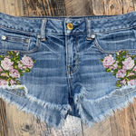 American Eagle Outfitters Blue Jean Shorts with Pink Floral Embroidery Photo 0