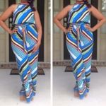 Halter wide leg jumpsuit with elastic waist. Self tie. Multi Photo 2