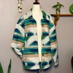 White with Earthy Toned Southwest Pattern Winter Collared Jacket with Pockets Blue Size M Photo 4