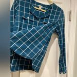 L.L. Bean Size S Cotton Collarless Teal Ivory Plaid Long Sleeve Popover Shirt Blue Photo 2