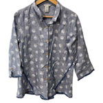 John Mark Top Women Size Small Blue 100% Linen Button Front Geometric Fringe Photo 0