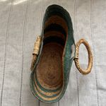 Handmade  Paper Straw Green and Tan Striped Tote Photo 6