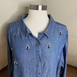 Roamans Top Womens 24W Blue Cotton Denim Button Front Embellished Rhinestones Photo 3